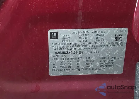 2016 Chevrolet Trax 1Ls из США, поврежденный, VIN 3GNCJNSBXGL264286